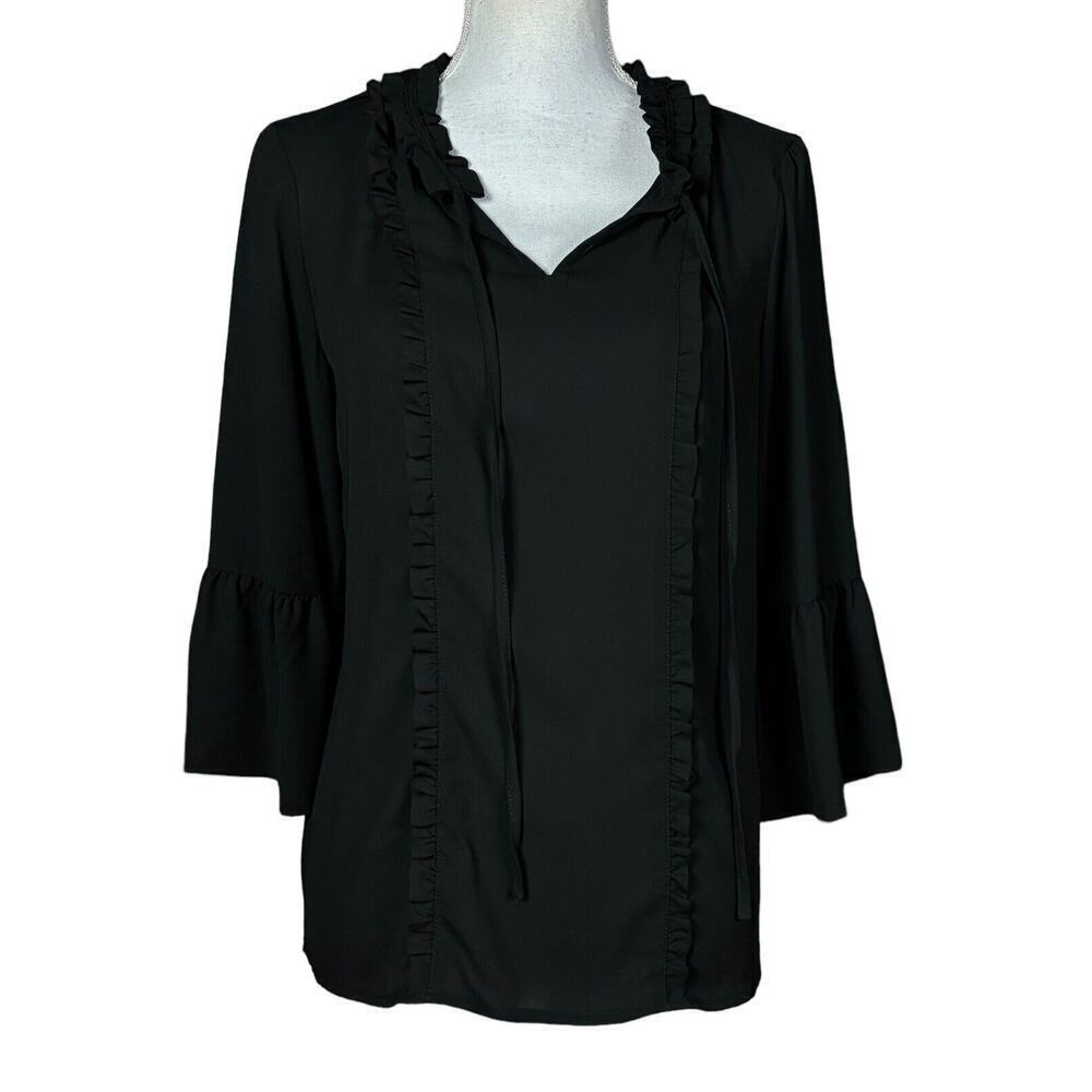 Karl Lagerfeld Tunic Black Size Small Ruffle Peasant Lagenlook Flowy Boho - Picture 2 of 10